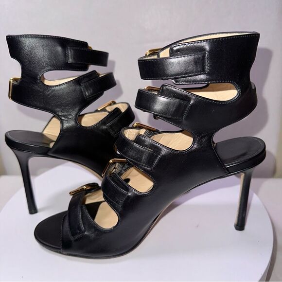 Jimmy Choo Trick Buckle Gladiator Sandals Heels. Size 37. Black leather. - Picture 4 of 12